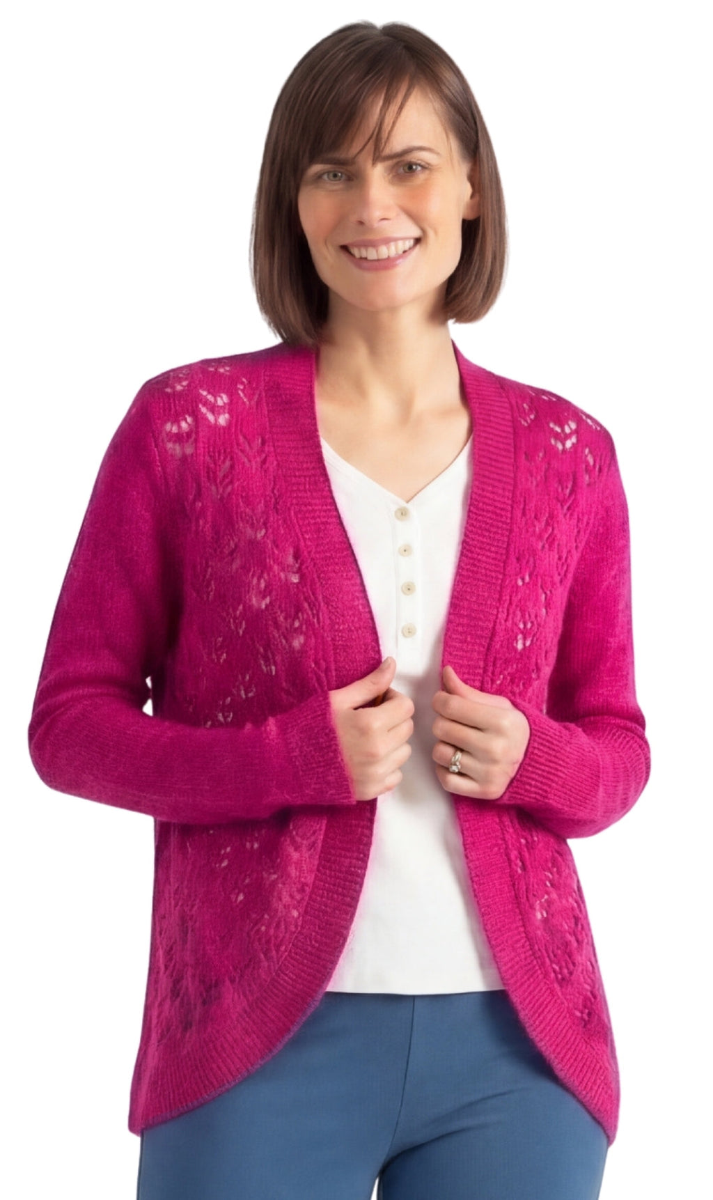 Women's Open Front Curved Hem Pointelle Shrug in Soft Acrylic