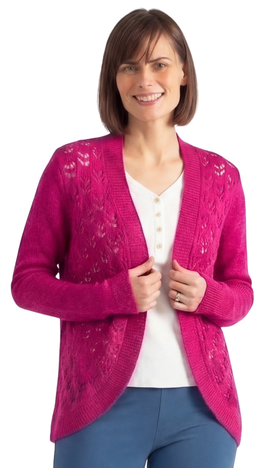 Women's Open Front Curved Hem Pointelle Shrug in Soft Acrylic