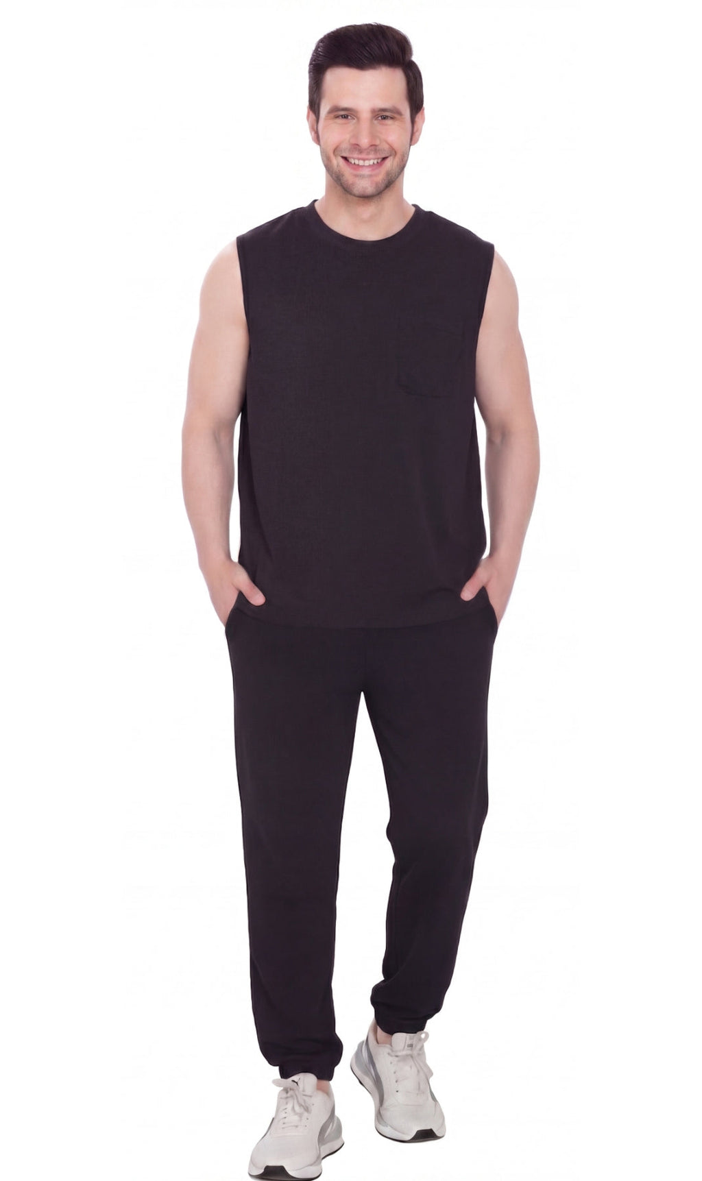 Men’s Sleeveless Crew Neck T-Shirt – Regular Fit, Heavier Cotton Blend Jersey with Chest Pocket