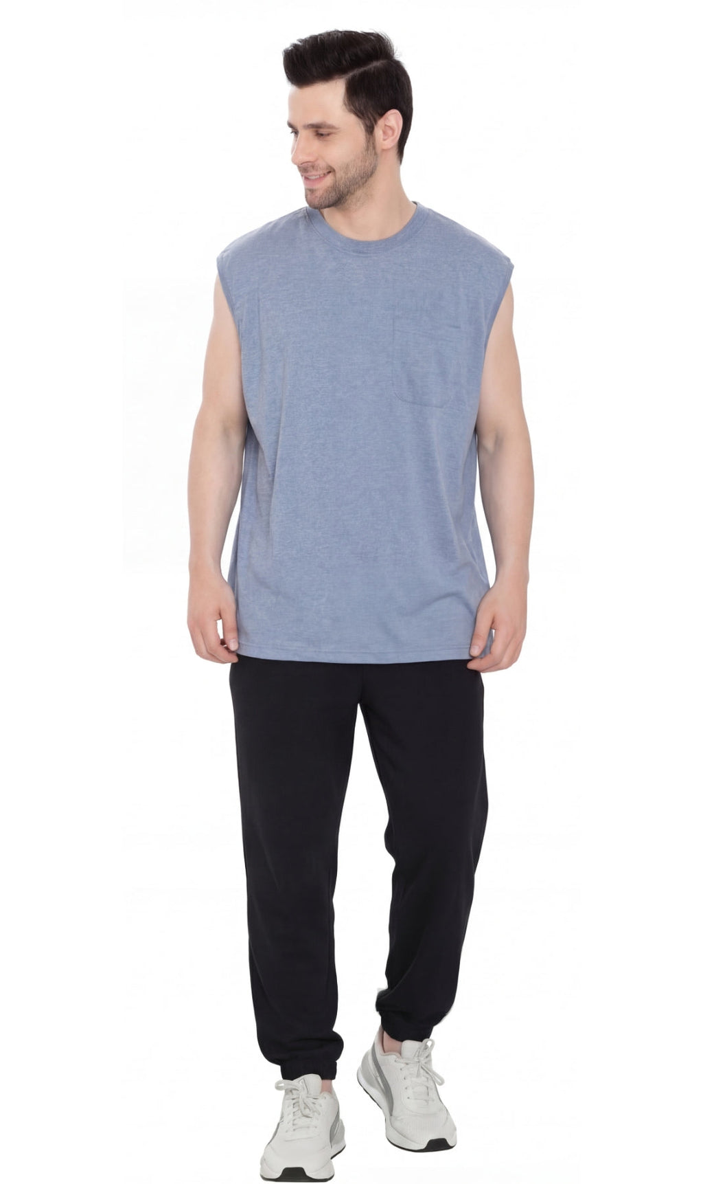 Men’s Sleeveless Crew Neck T-Shirt – Regular Fit, Heavier Cotton Blend Jersey with Chest Pocket