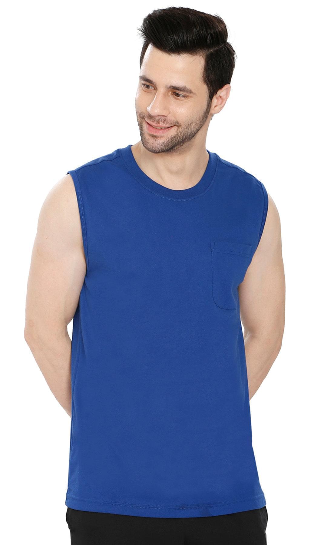 Men’s Sleeveless Crew Neck T-Shirt – Regular Fit, Heavier Cotton Blend Jersey with Chest Pocket